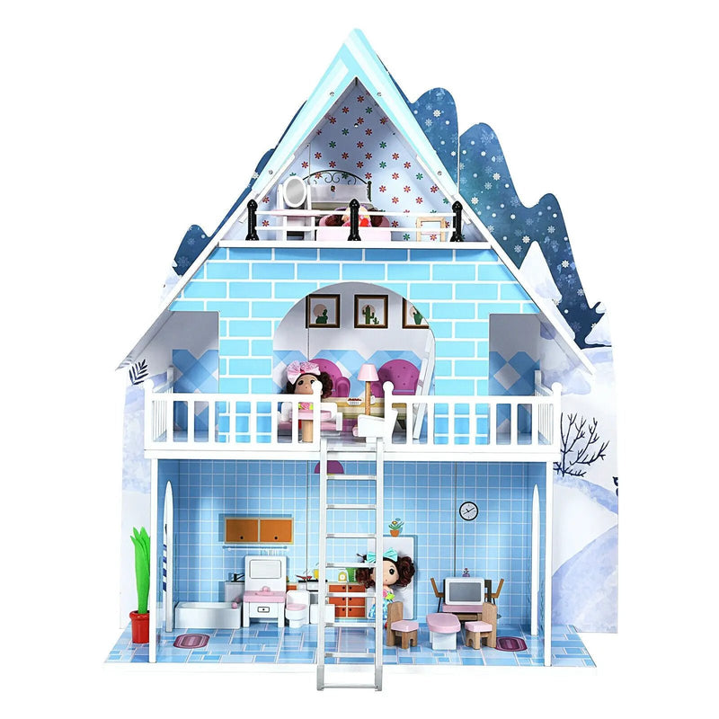 Wooden Dollhouse 3-Story Pretend Playset with Furniture and Doll Gift for Age 3+ Year by DirectDeals