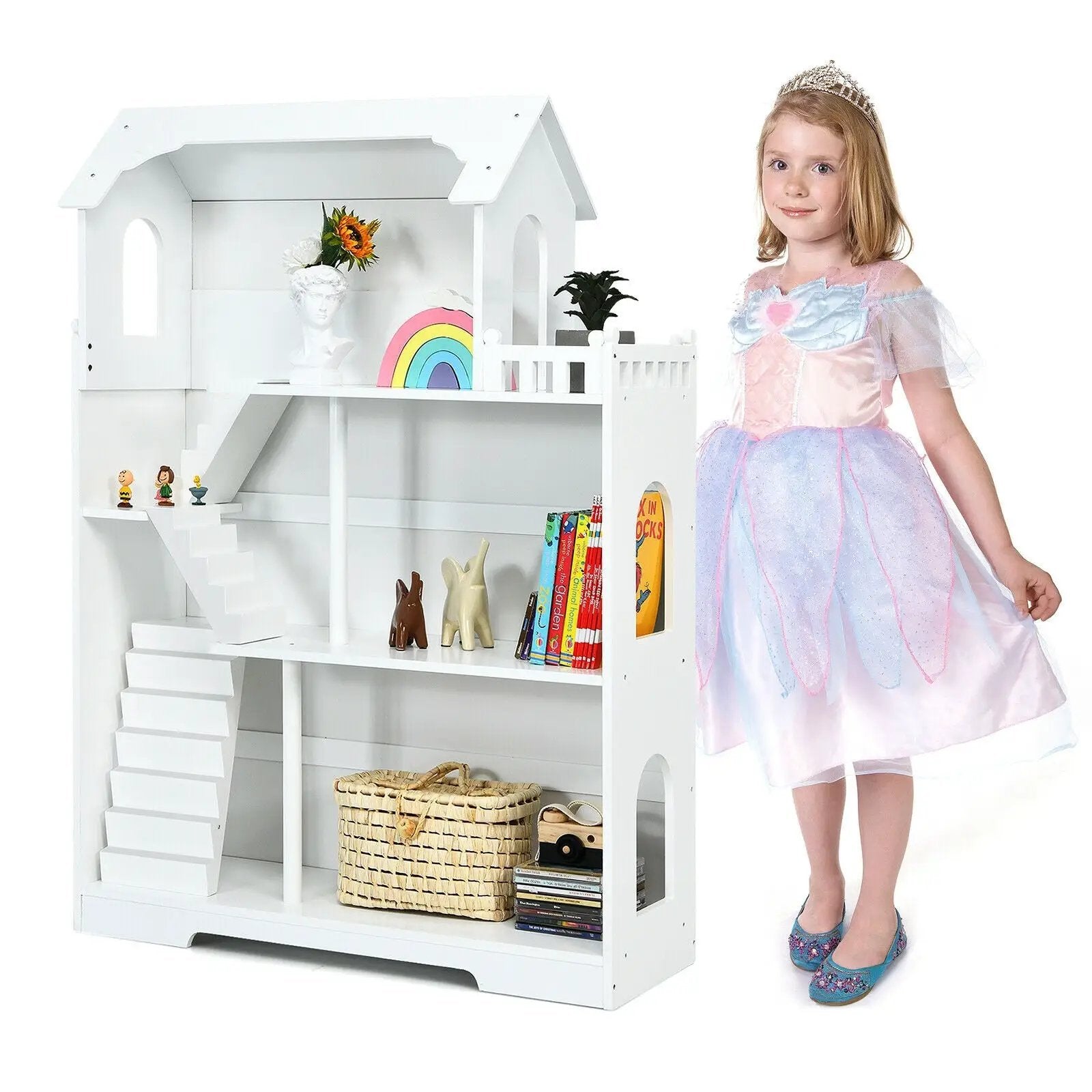 Kids Wooden Dollhouse Bookshelf with Anti-Tip Design and Storage Space by DirectDeals
