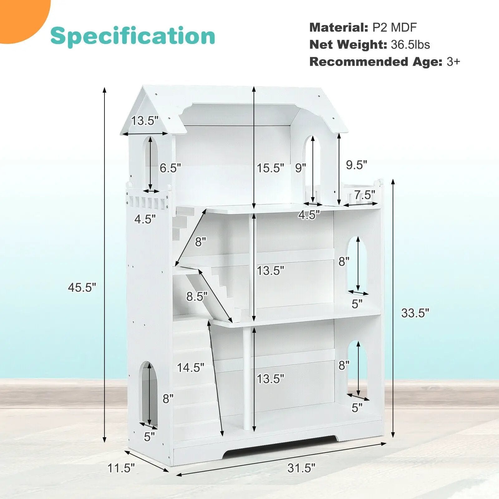 Kids Wooden Dollhouse Bookshelf with Anti-Tip Design and Storage Space by DirectDeals