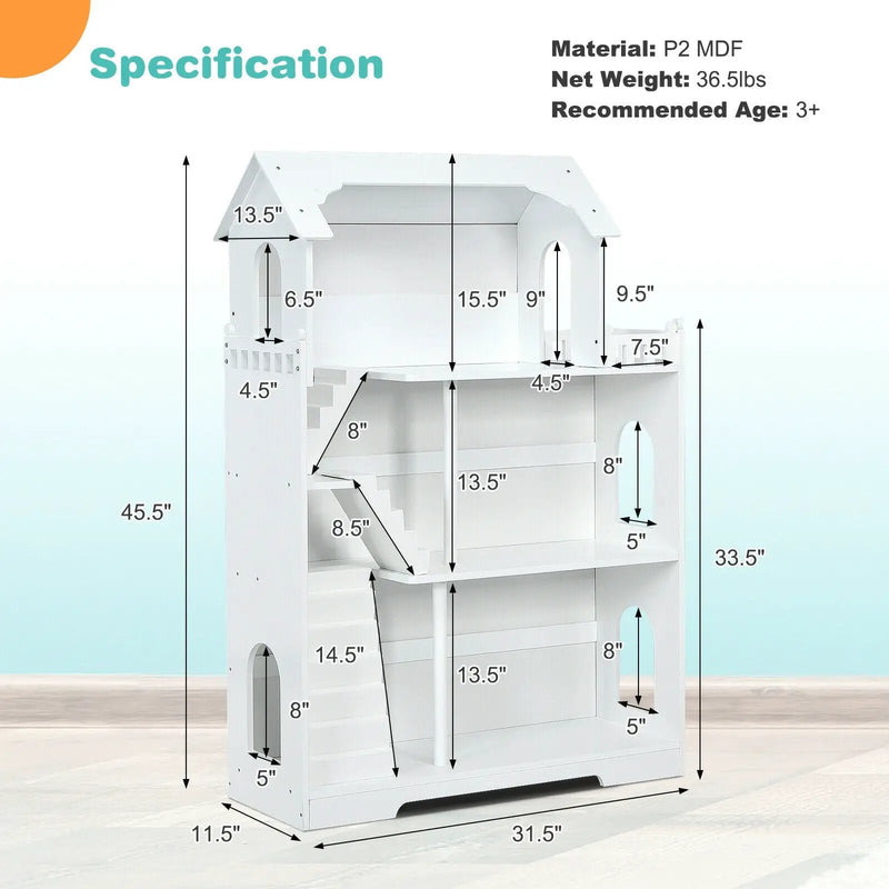 Kids Wooden Dollhouse Bookshelf with Anti-Tip Design and Storage Space by DirectDeals