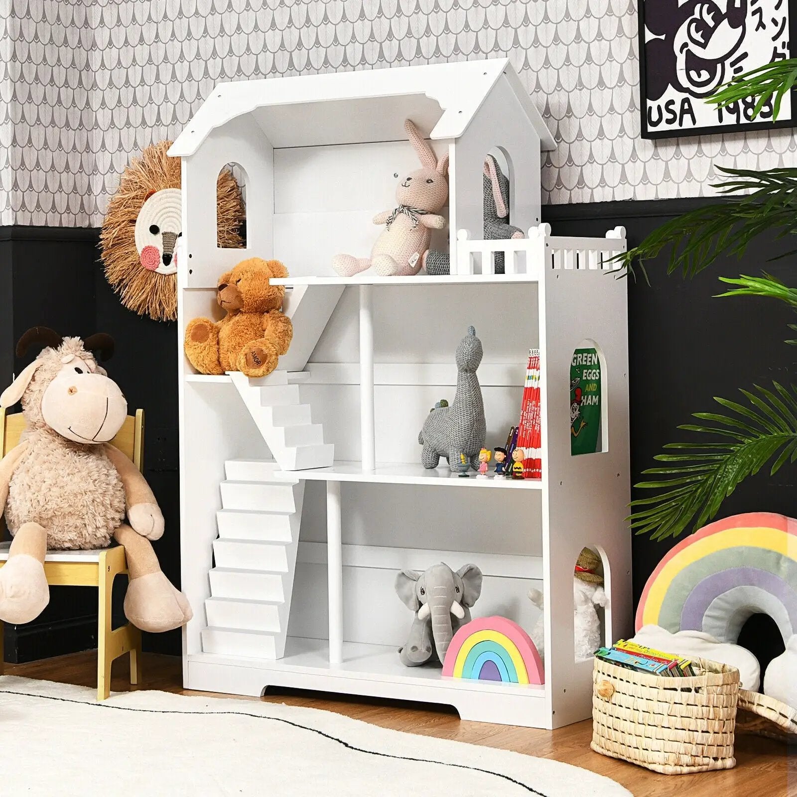 Kids Wooden Dollhouse Bookshelf with Anti-Tip Design and Storage Space by DirectDeals