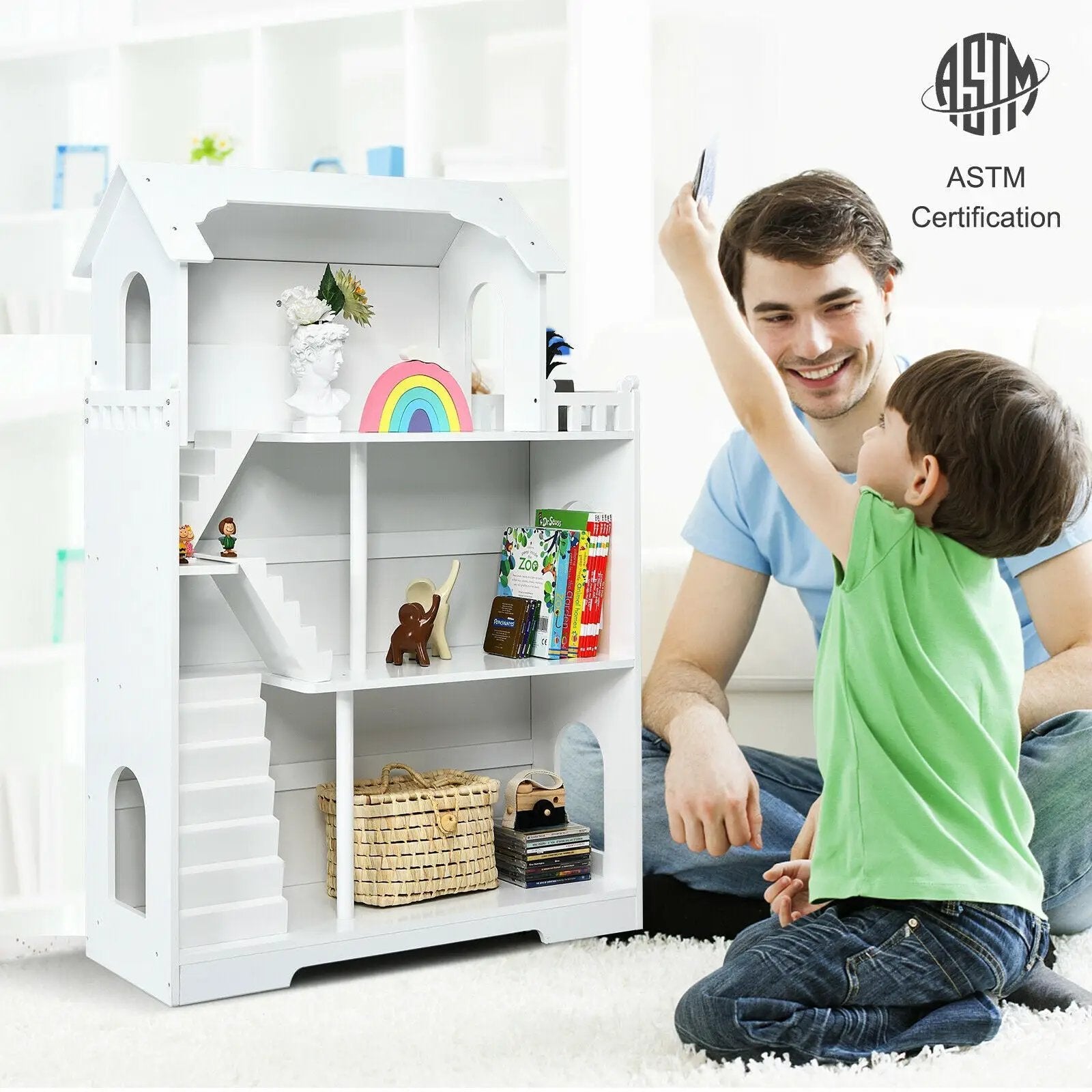 Kids Wooden Dollhouse Bookshelf with Anti-Tip Design and Storage Space by DirectDeals
