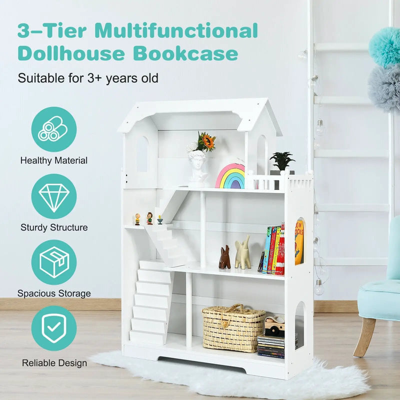 Kids Wooden Dollhouse Bookshelf with Anti-Tip Design and Storage Space by DirectDeals