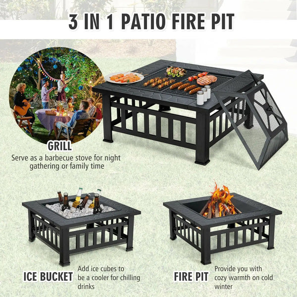 32 Inch 3 in 1 Outdoor Square Fire Pit Table with BBQ Grill and Rain Cover for Camping, photo 2 of 8