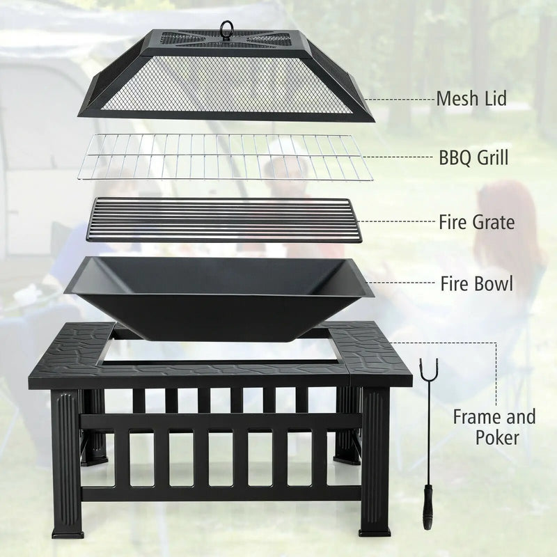 32 Inch 3 in 1 Outdoor Square Fire Pit Table with BBQ Grill and Rain Cover for Camping by DirectDeals
