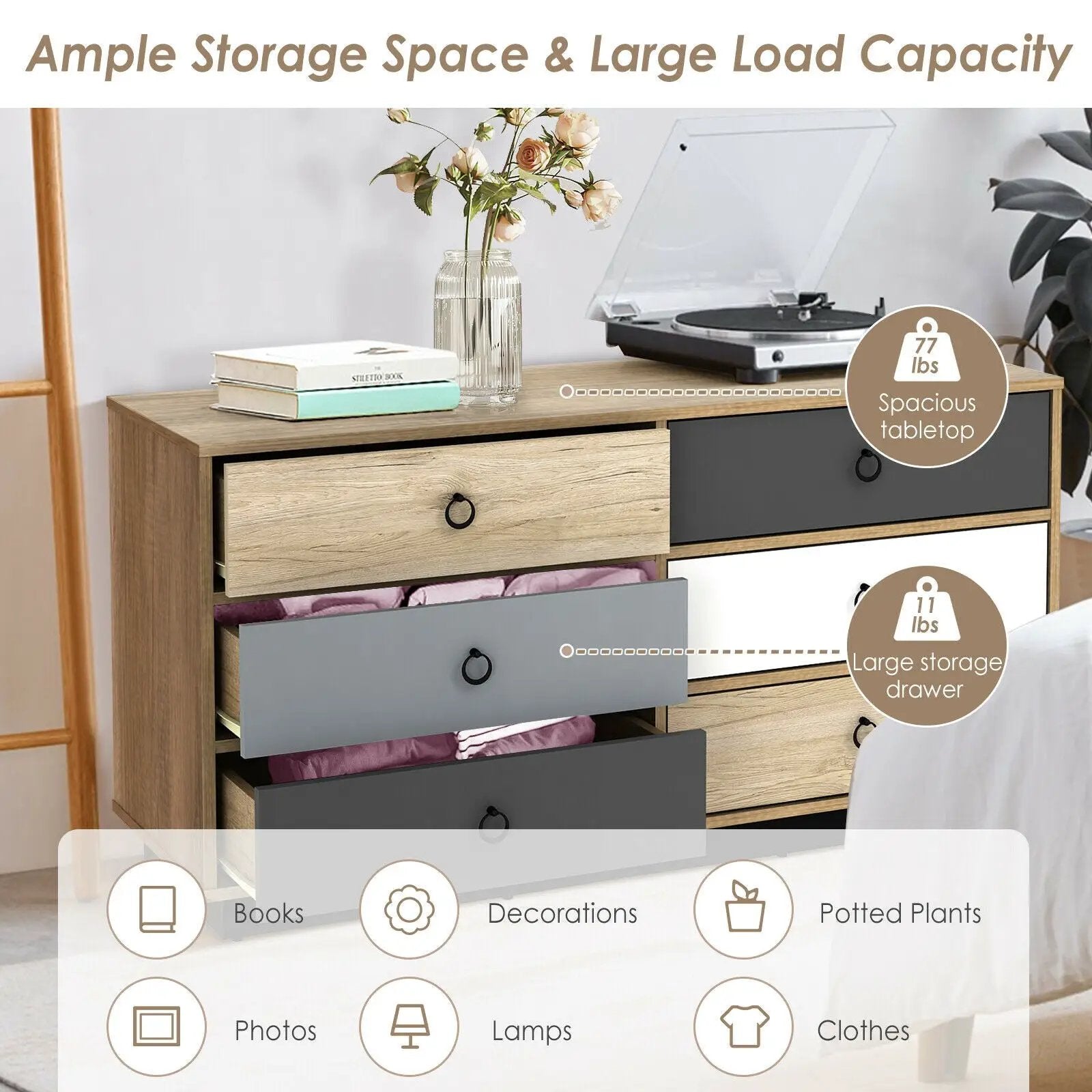 6 Drawers Double Dresser Accent Storage Tower for Bedroom Hallway Entryway by DirectDeals