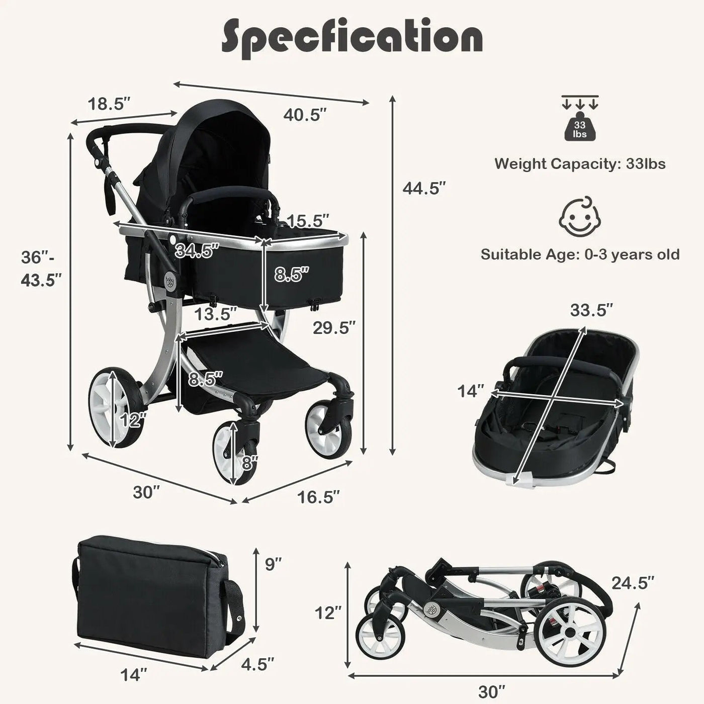 Folding Aluminum Infant Reversible Stroller with Diaper Bag by DirectDeals