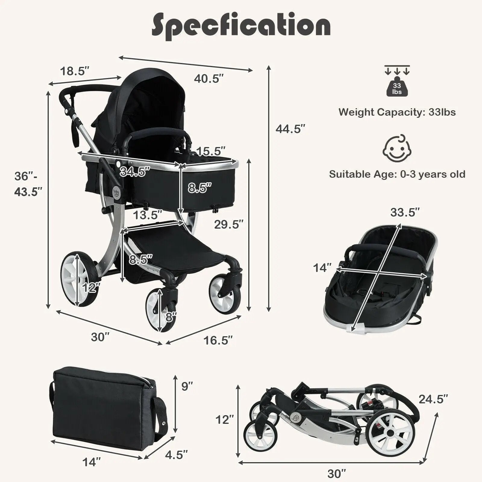 Folding Aluminum Infant Reversible Stroller with Diaper Bag by DirectDeals