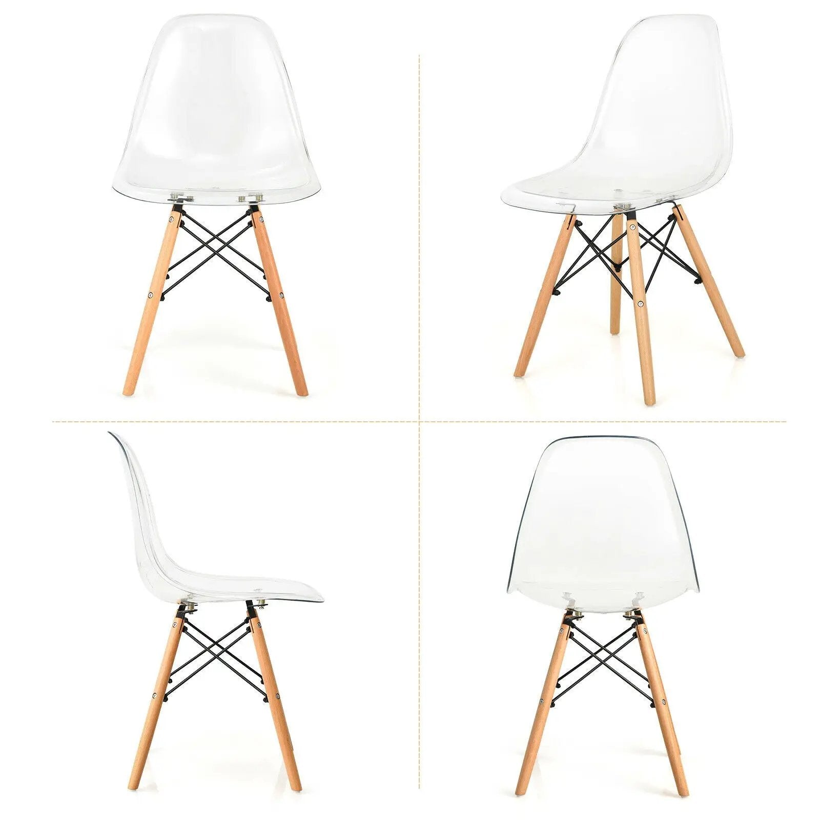 Set of 4 Dining Chairs Modern Plastic Shell Side Chair with Clear Seat and Wood Legs-Natural by DirectDeals