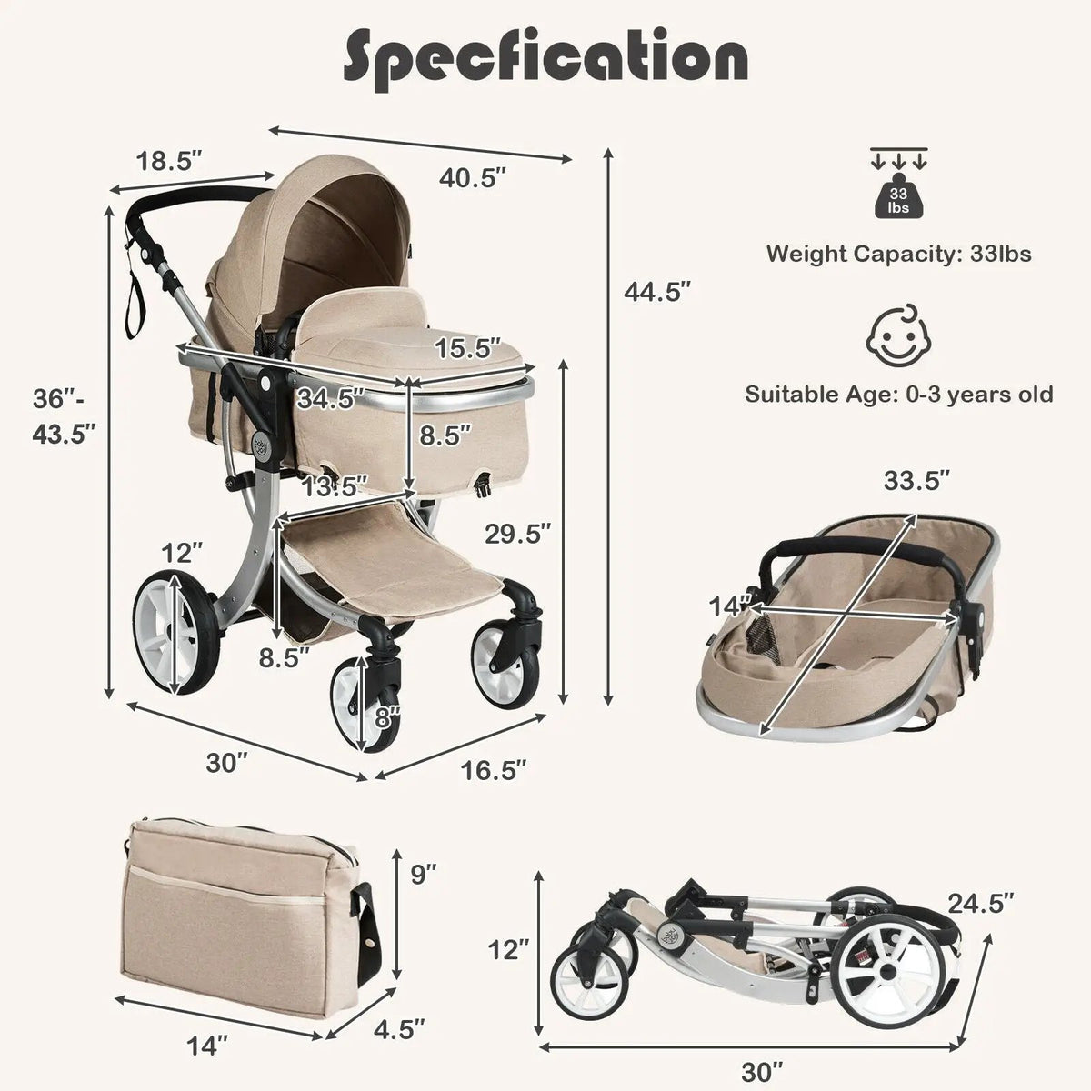 Folding Aluminum Infant Reversible Stroller with Diaper Bag
