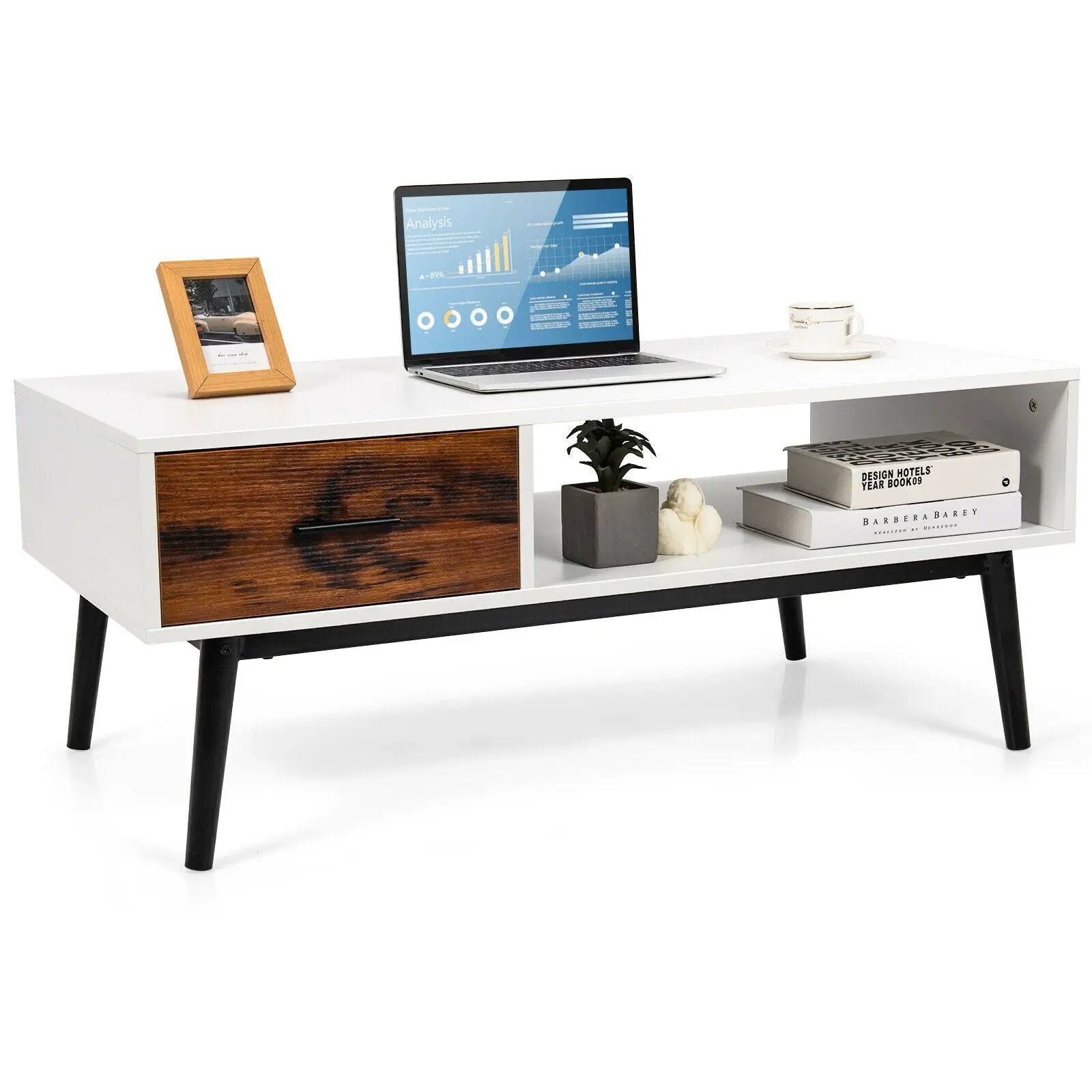 Rectangular Wooden Coffee Table with Drawer and Open Storage Shelf by DirectDeals