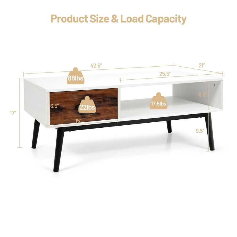 Rectangular Wooden Coffee Table with Drawer and Open Storage Shelf by DirectDeals