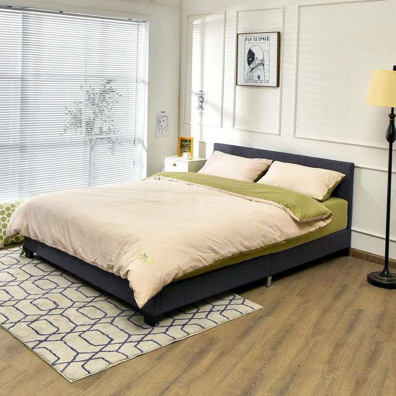 Full Upholstered Platform Bed Frame with Headboard Wood Slat by DirectDeals