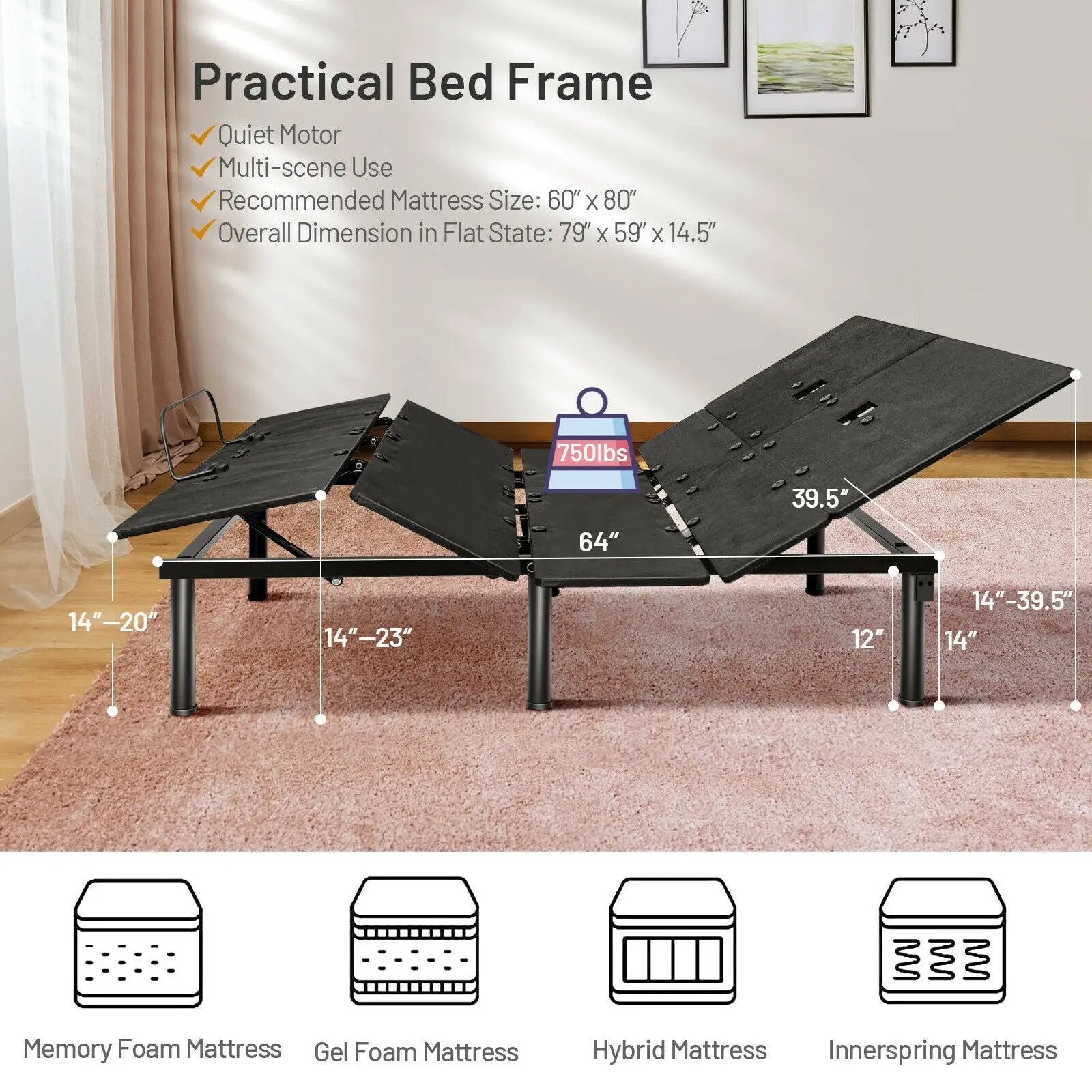 Queen Adjustable Bed Base with Head and Foot Incline by DirectDeals