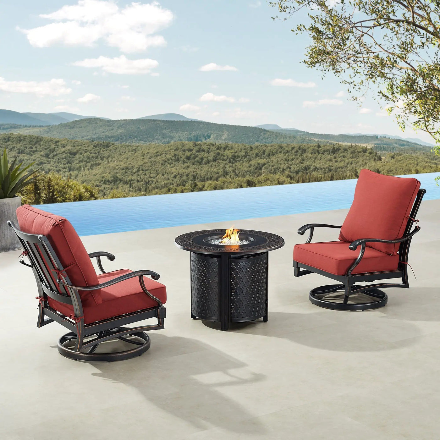 Black Aluminum Fire Table Bistro Set with Two Club Chairs by Sharicks