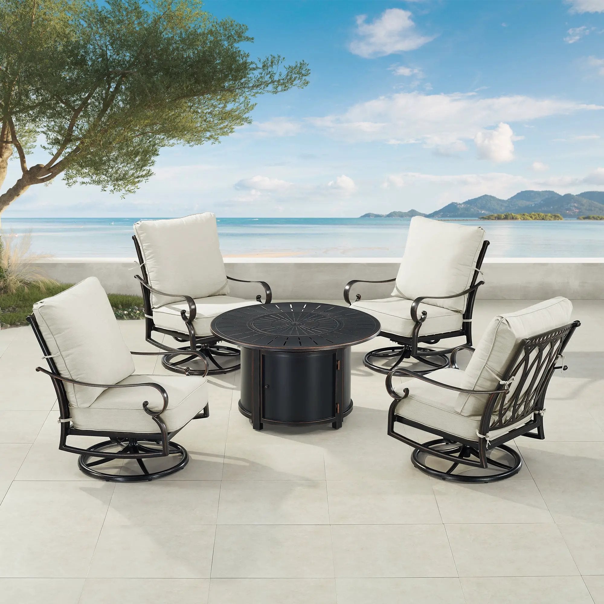 Black Aluminum Fire Table Set with Four Club Chairs by Sharicks