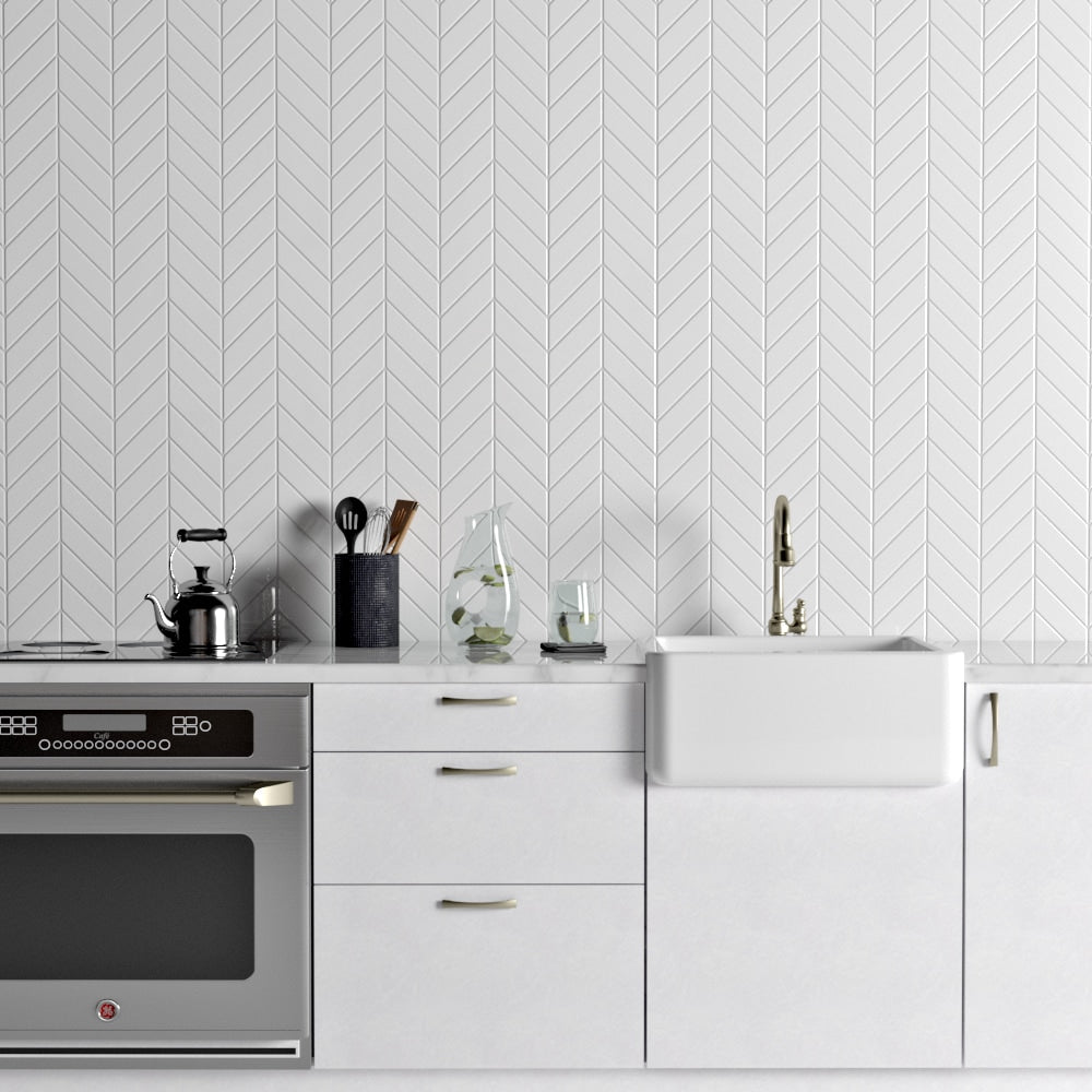 Blanco Real Glossy Chevron Ceramic Tiles 2x6