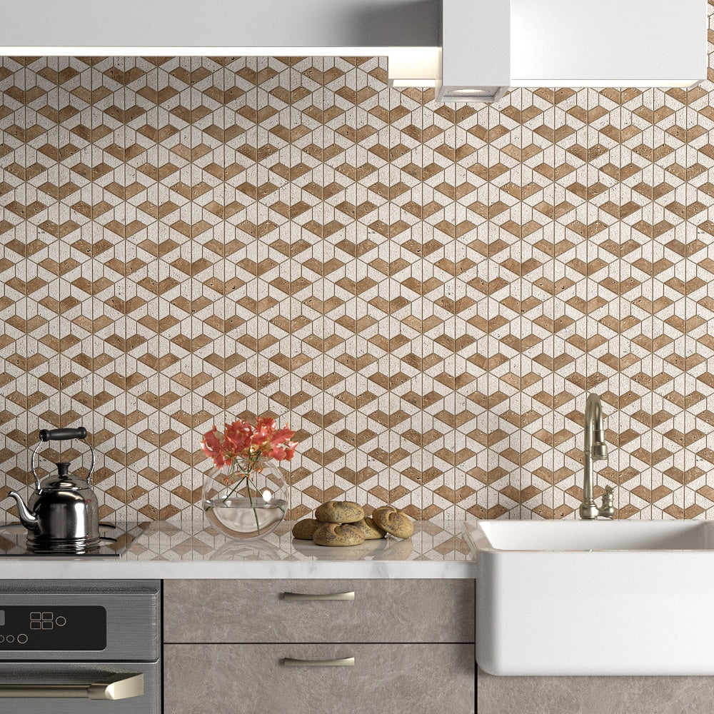 Noce Textured 3d Hexagon Travertine Mosaics 10 3/8x12