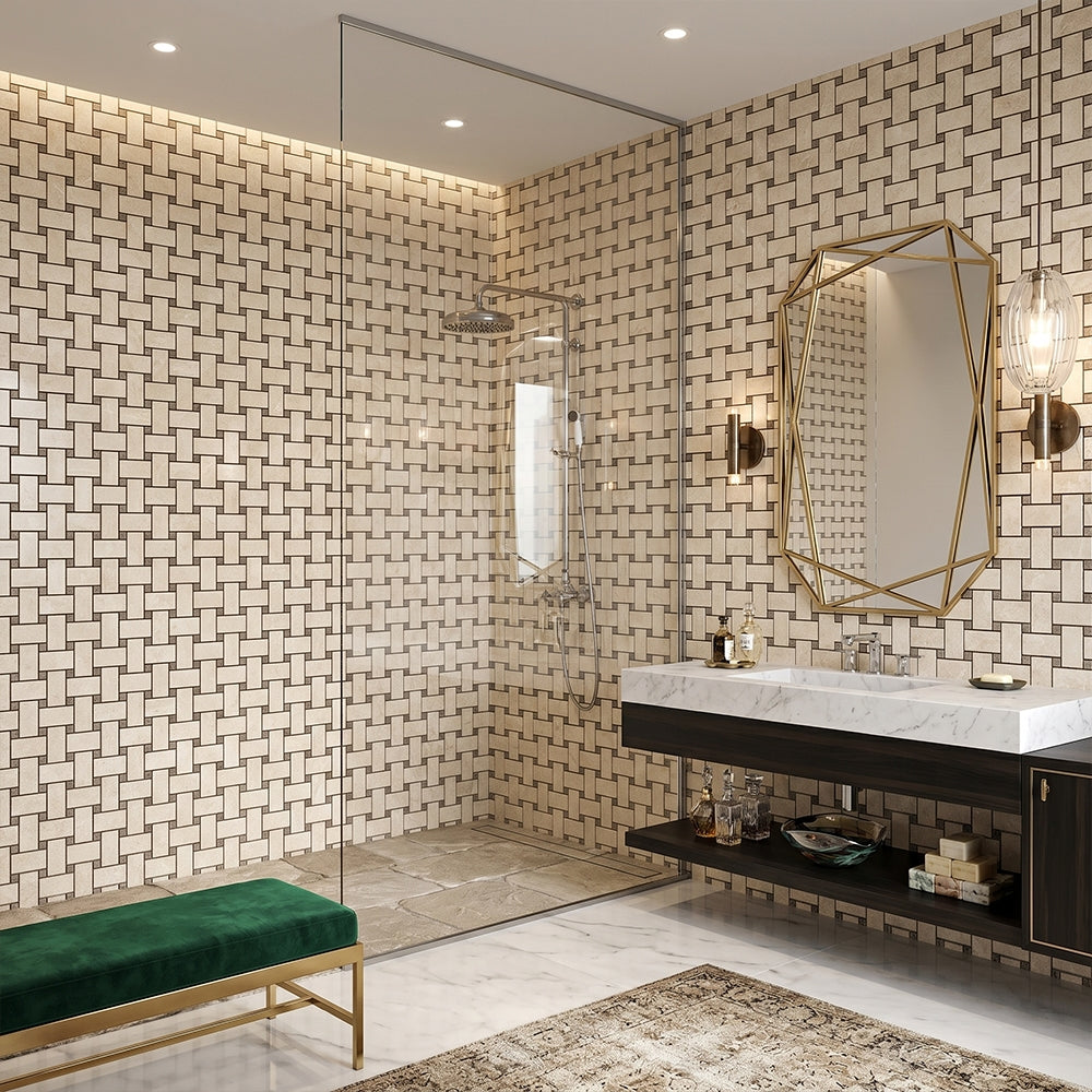 Delicate Beige Polished Basket Weave Marble Mosaics 12x12