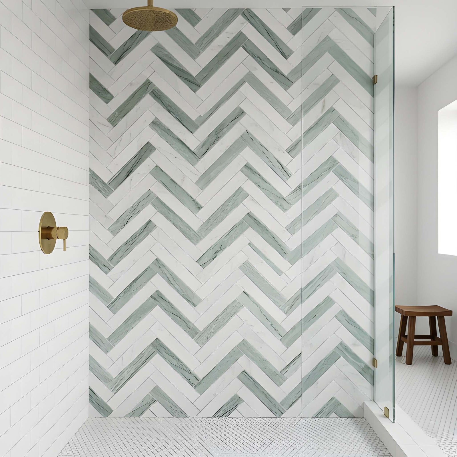 Verde, Calacata T Fine Textured Large Herringbone Marble Mosaics 12 7/8x8 9/16