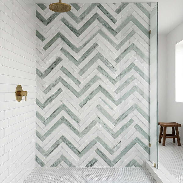 Verde, Calacata T Fine Textured Large Herringbone Marble Mosaics 12 7/8x8 9/16