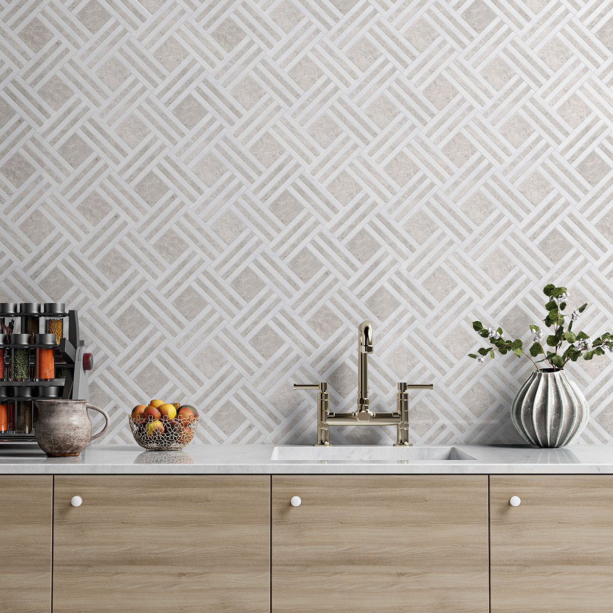 Bianco Dolomiti, Silver Mystique Multi Finish Maze Basket Marble Mosaics 14 15/16x17 11/16