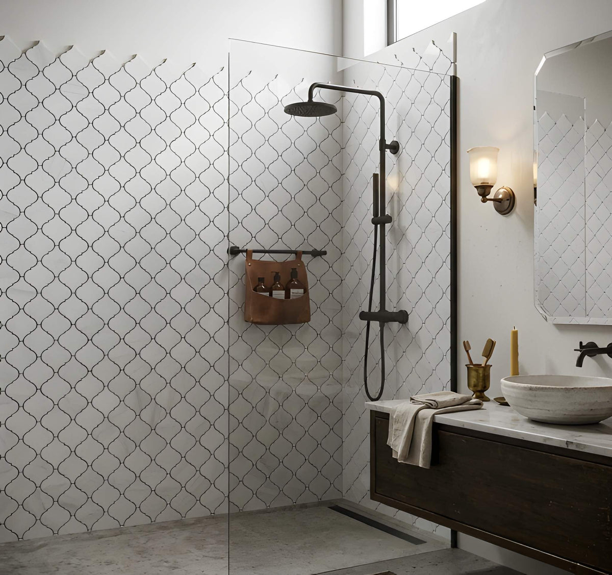 Bianco Dolomiti Polished Arabesque Marble Mosaics 12x12