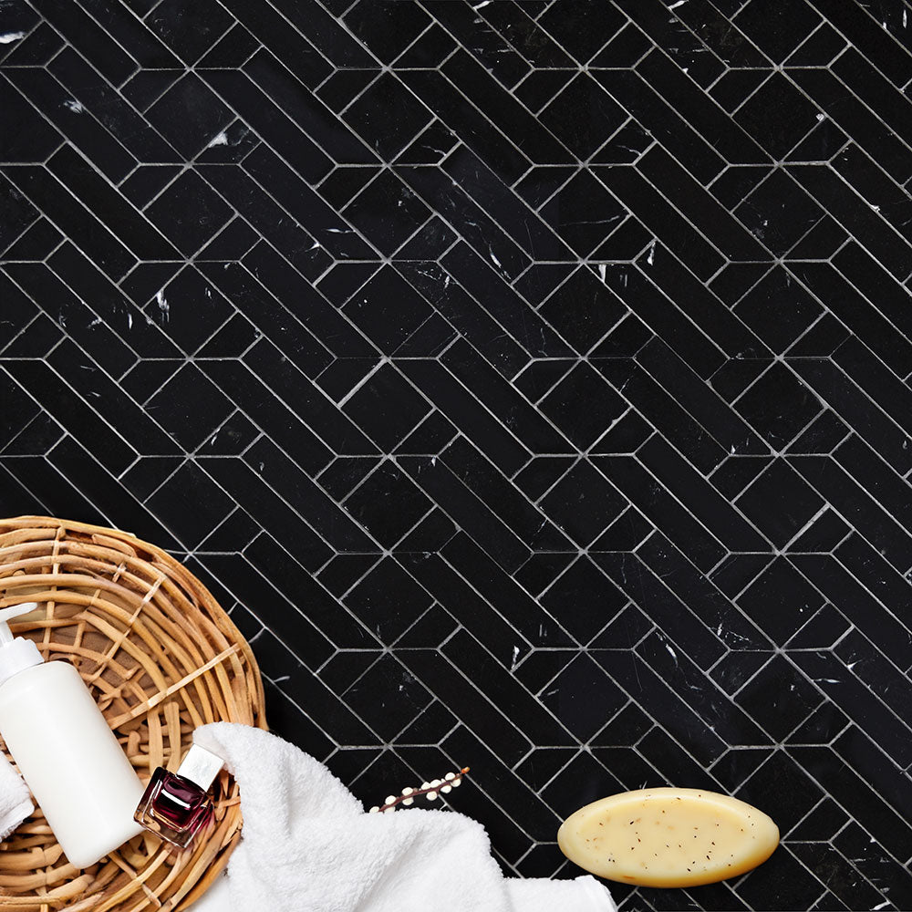 Black Honed Stucco Marble Waterjet Mosaics 4x7 1/2