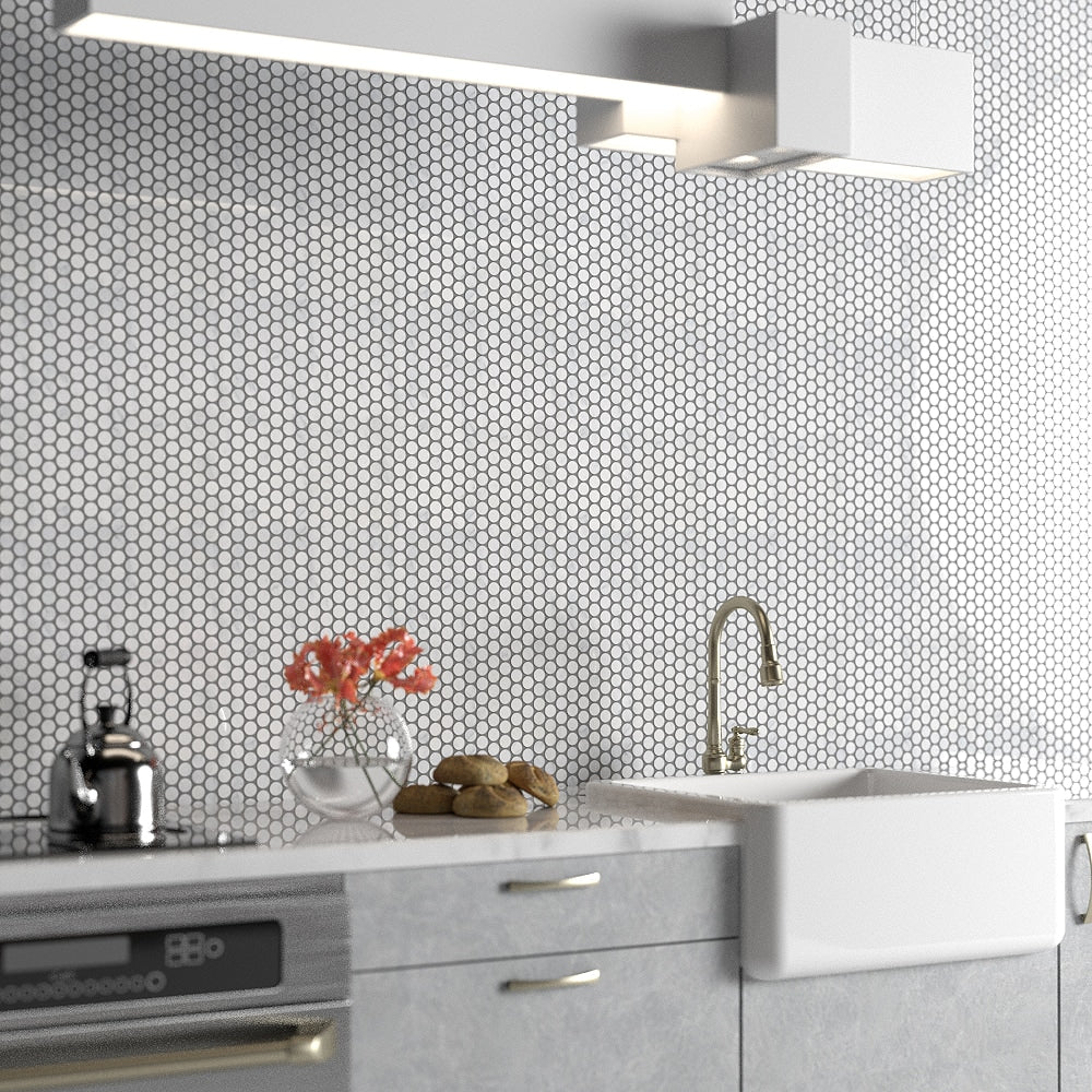 Bella White Polished Penny Round Marble Mosaics 11 1/2x11 1/2