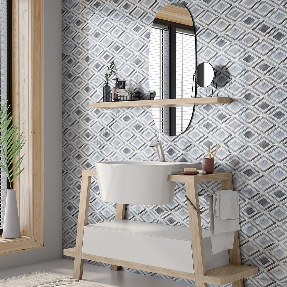 Thassos, Silver Sky Polished Stella Marble Mosaics 9 25/64x7 3/4