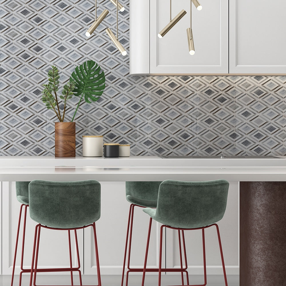 Thassos, Silver Sky Polished Stella Marble Mosaics 9 25/64x7 3/4