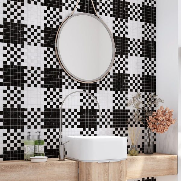 Black, Bianco Dolomiti Multi Finish Checker And Solid Marble Mosaics 12x12