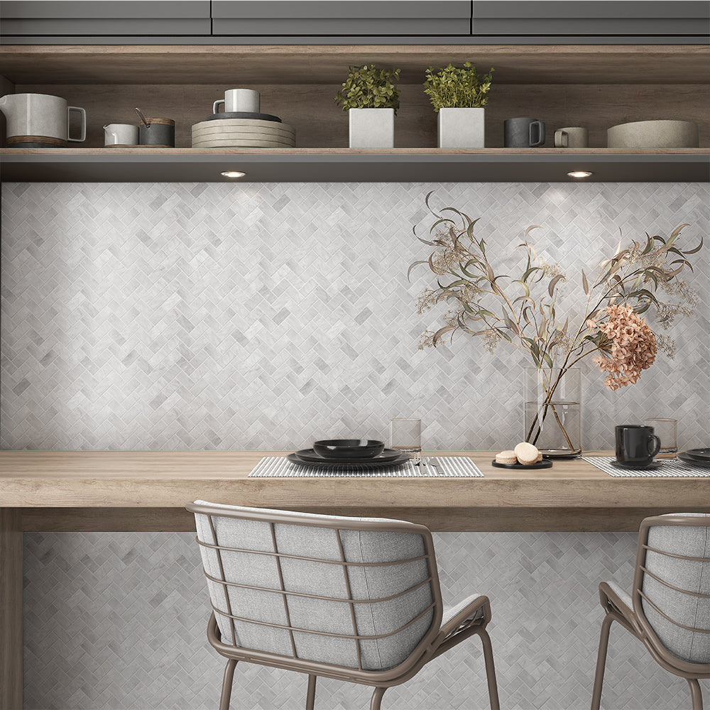 Italian Carrara Honed Herringbone Marble Mosaics 12 1/8x13 3/8