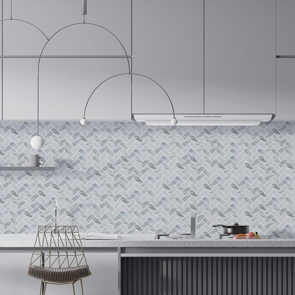 Italian Carrara Polished Herringbone Marble Mosaics 12 1/8x13 3/8