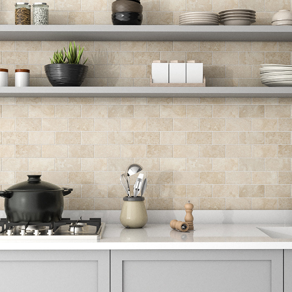 Beige Backsplash and Open Shelves