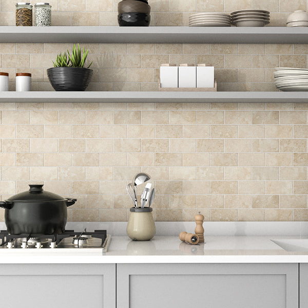Beige Backsplash and Open Shelves
