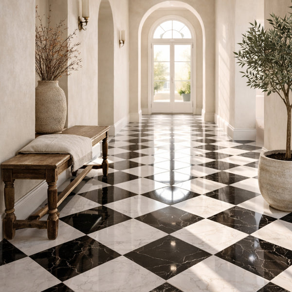 Black, Carrara T Honed Checkerboard Pattern Marble Tiles 12x12