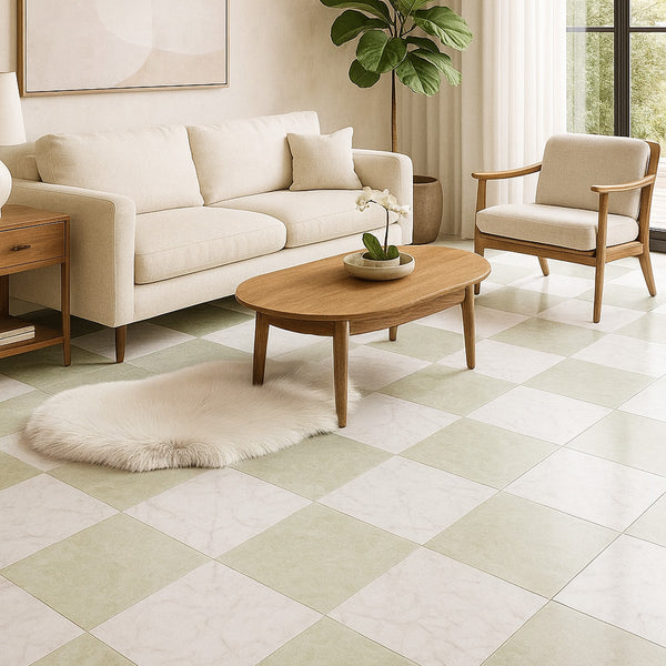 Italian Carrara, Ming Green Polished Checkerboard Pattern Marble Tiles 12x12