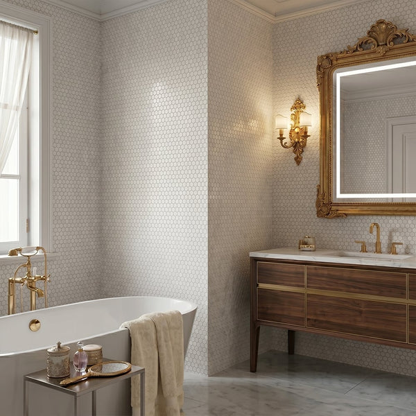 Cotton Multi Finish Hexagon Glass Mosaics 11 3/4x11 1/2