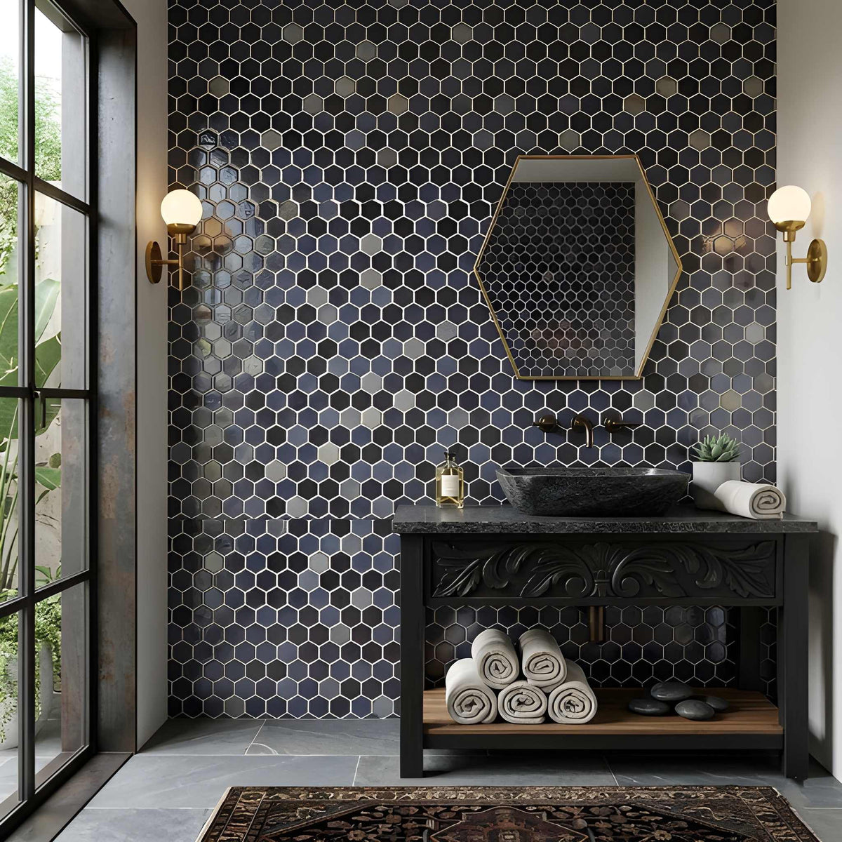 Opalo Black Multi Finish Hexagon Glass Mosaics 11 3/4x11 1/2