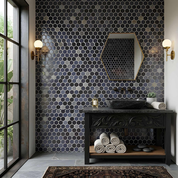Opalo Black Multi Finish Hexagon Glass Mosaics 11 3/4x11 1/2