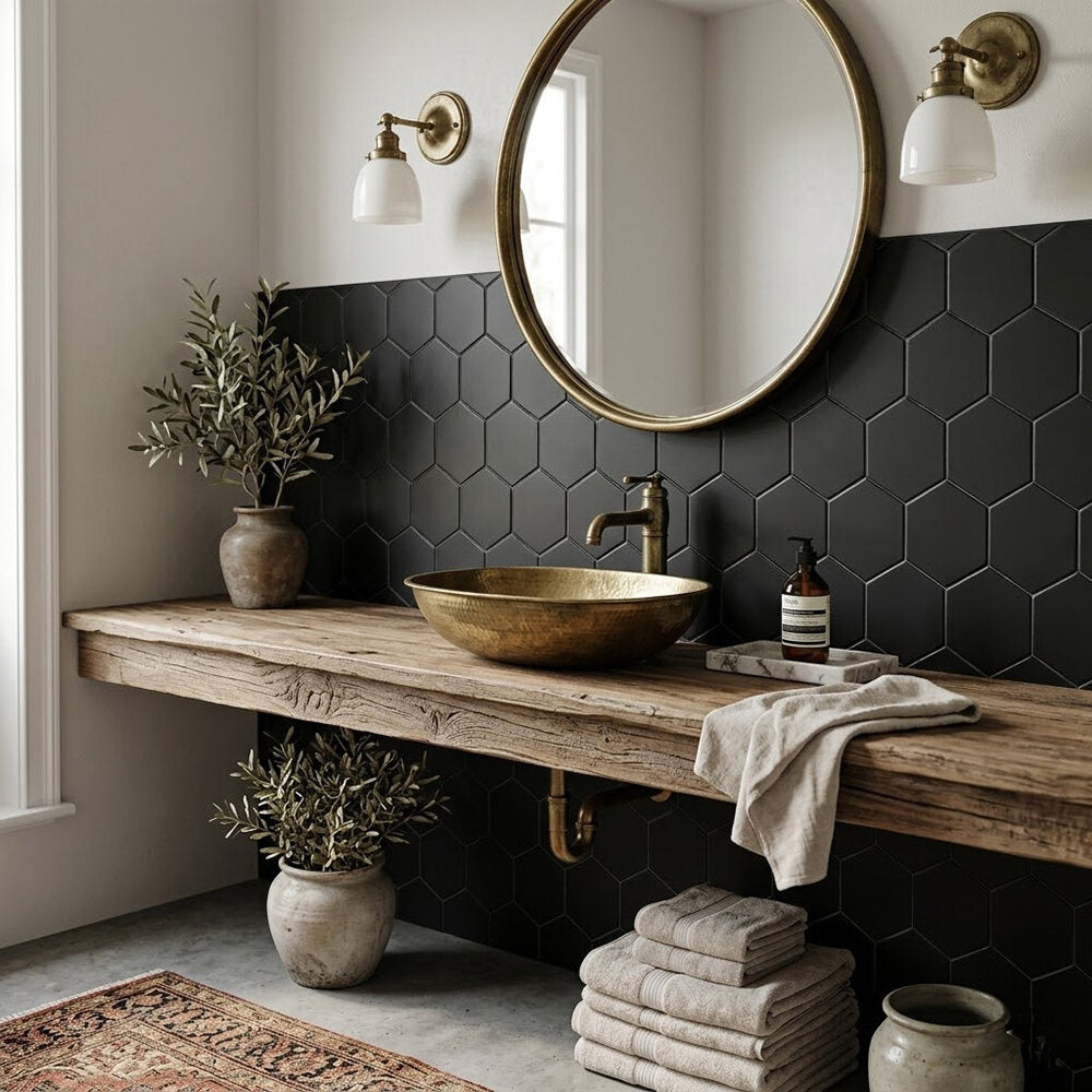 Bathroom with black hexagon wall tile, wood vanity and brass vessel sink