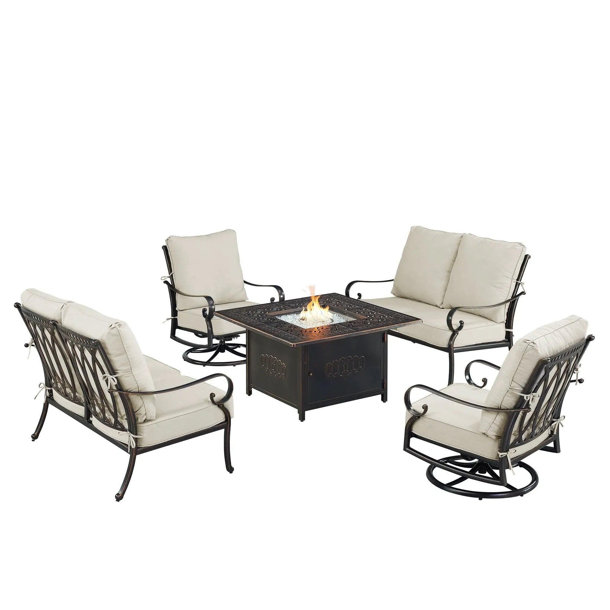 Black Aluminum Fire Table Set with Two Loveseats and Two Club Chairs by Sharicks