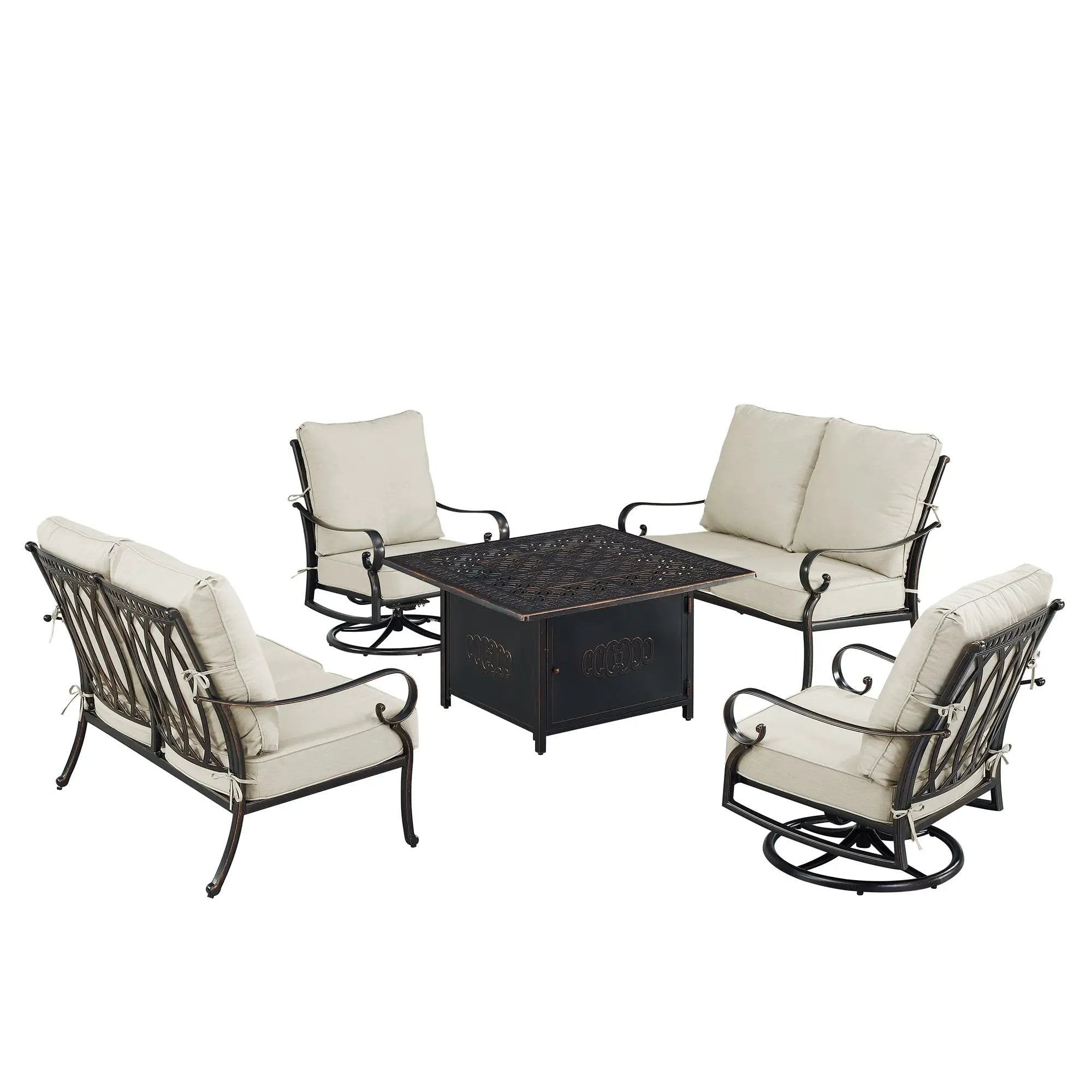 Black Aluminum Fire Table Set with Two Loveseats and Two Club Chairs by Sharicks