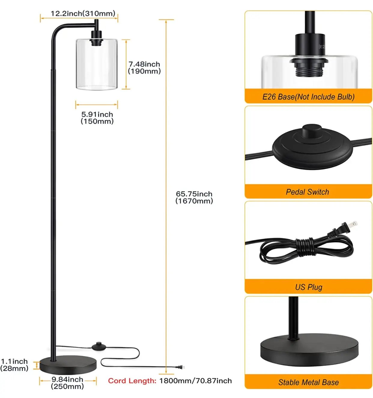 Industrial Floor Lamp, Modern Standing Lamps with Hanging Clear Glass Shade by Outdoor Solar Outlet