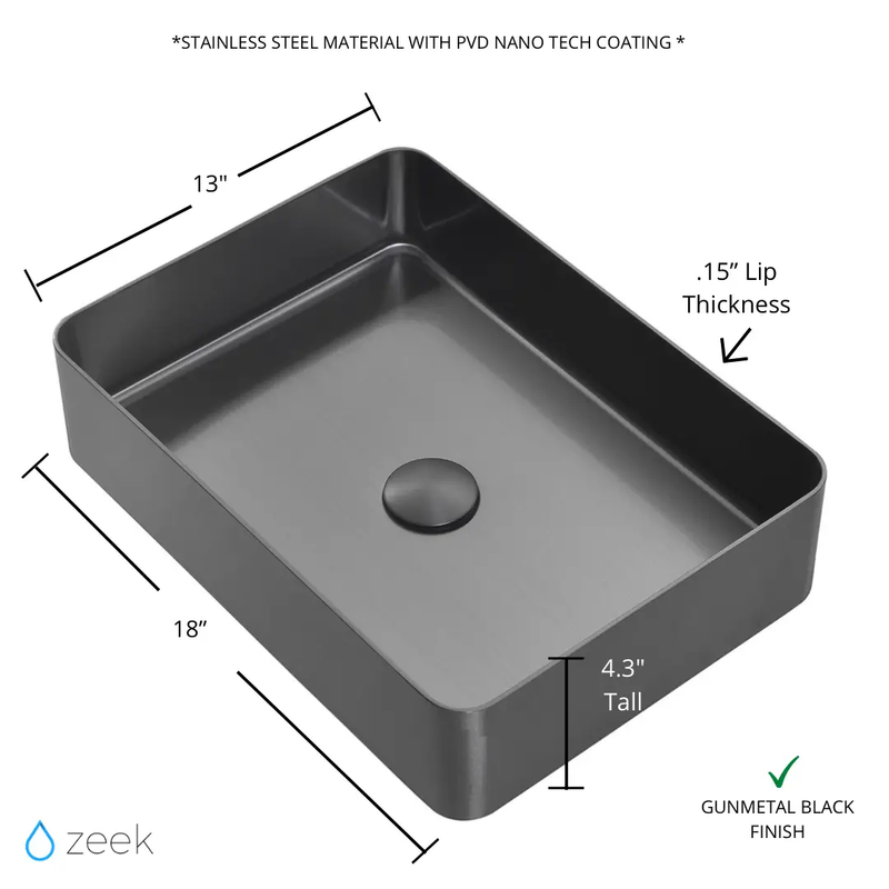 Zeek 18”x13” Gunmetal Black Rectangular Vessel Bathroom Sink Stainless Steel PVD Nano Tech Coating ZN-B183 by ZEEK