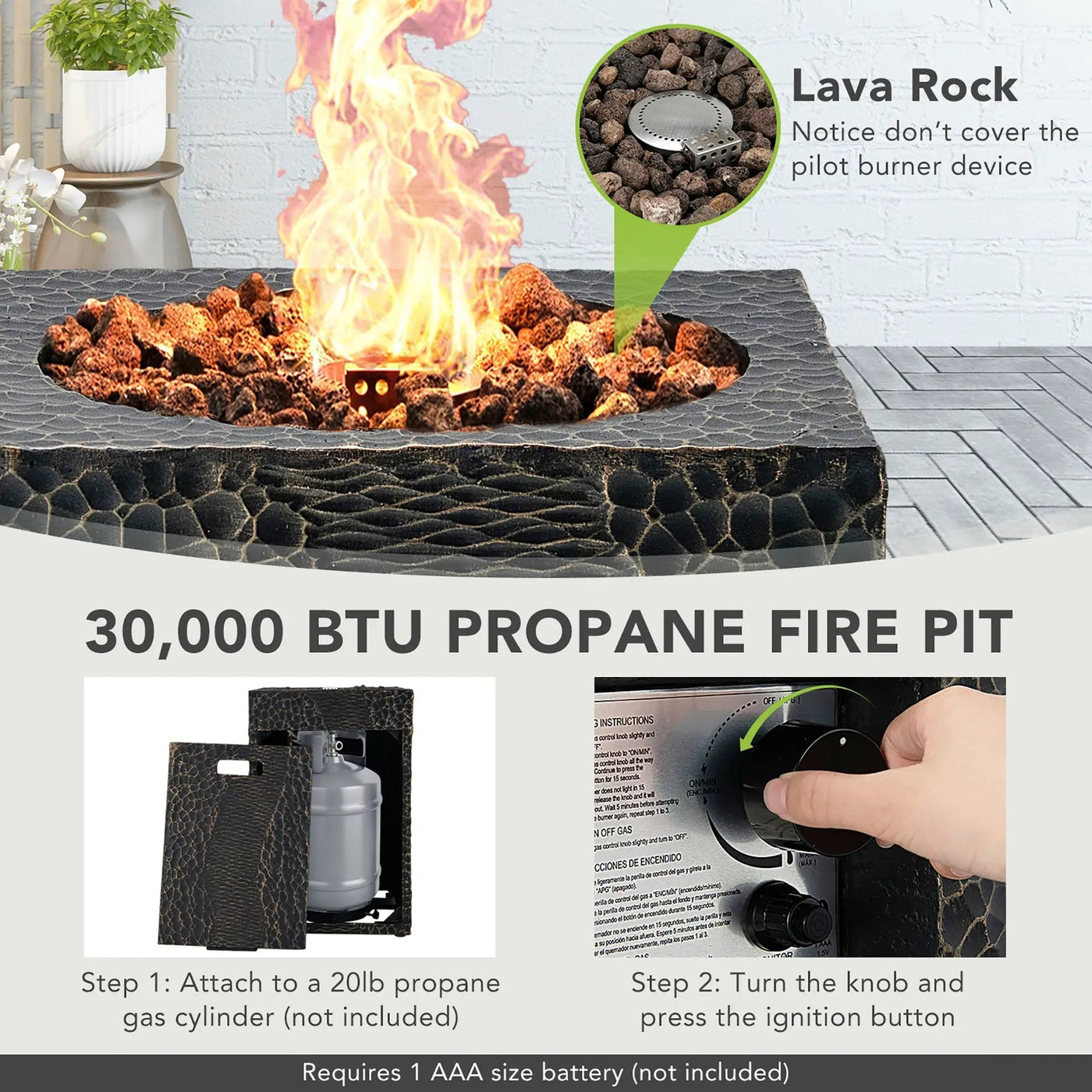 16 Feet Square Outdoor Propane Fire Pit with Lava Rocks Waterproof Cover 30000 BTU by DirectDeals