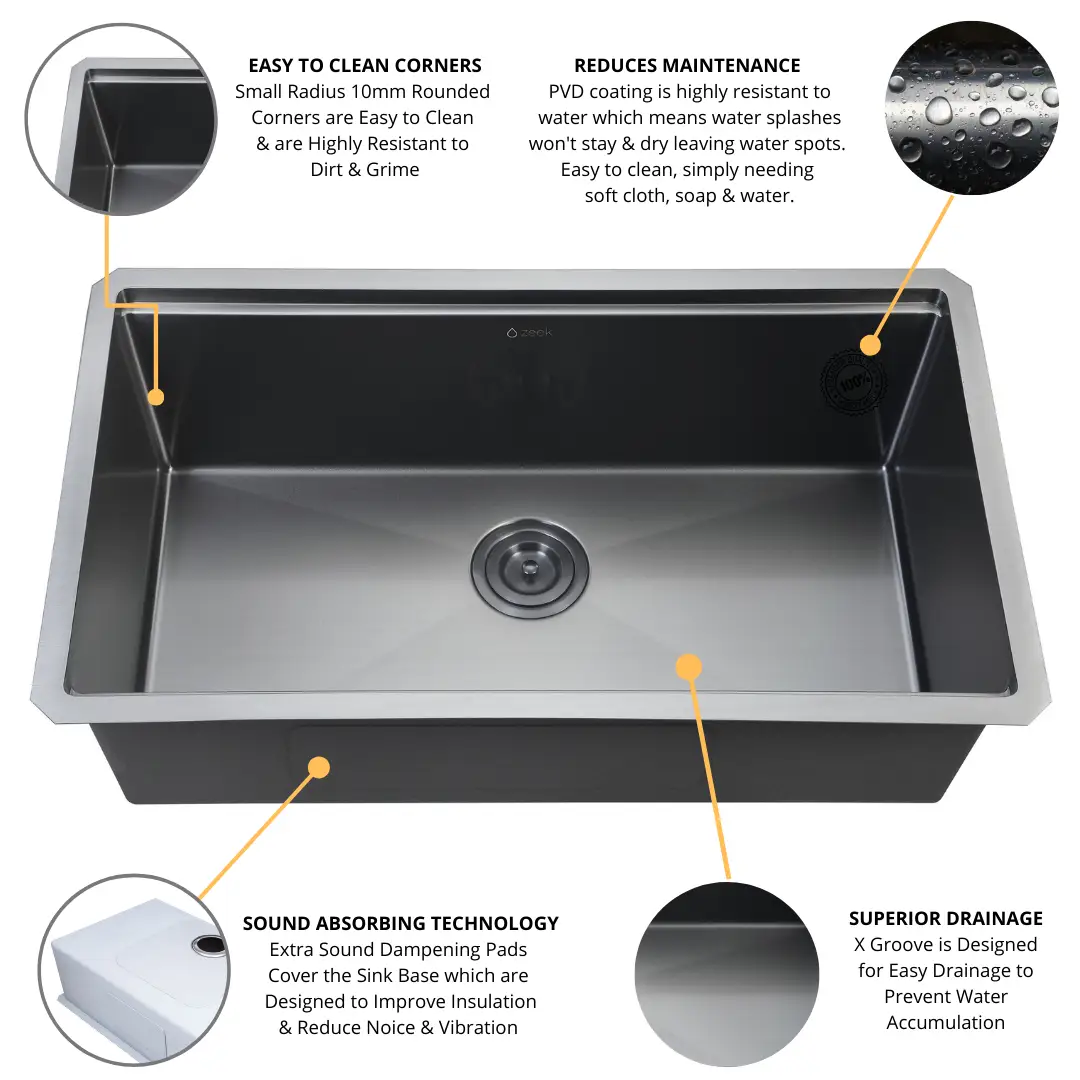 Zeek 32" Workstation Single Bowl Gunmetal Matte Black Undermount / Drop-In Kitchen Sink With Accessories PVD Nano Tech Coating ENZO ZW-B329 by ZEEK