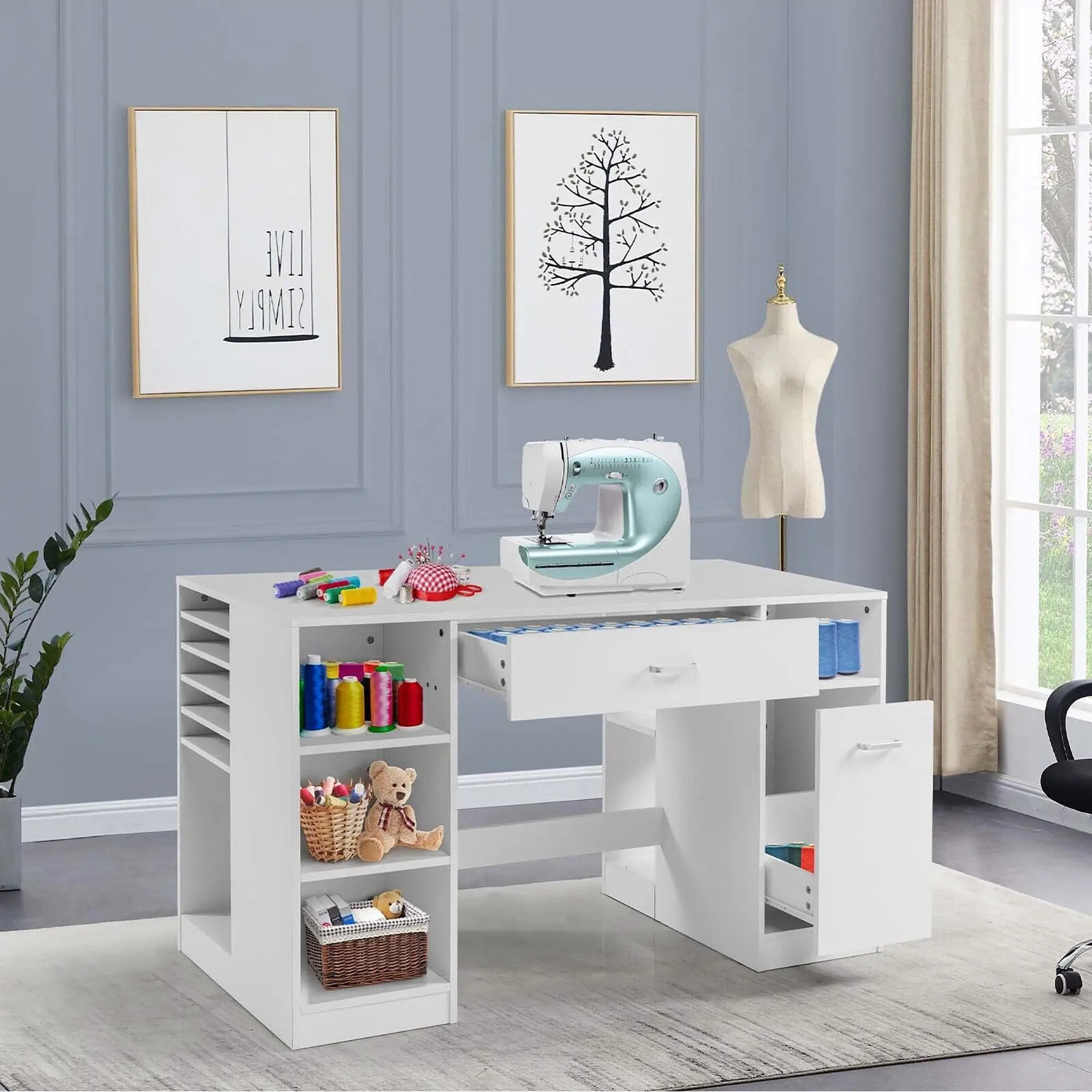 Sewing Craft Table Home Office Computer Desk with Storage Shelves and Drawer by DirectDeals