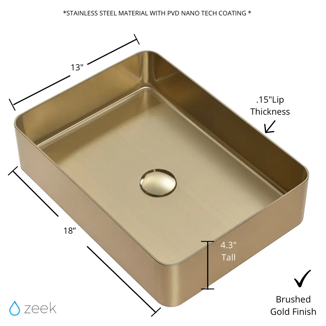 Zeek 18”x13” Gold Rectangular Vessel Bathroom Sink Stainless Steel PVD Nano Tech Coating ZN-G183 by ZEEK